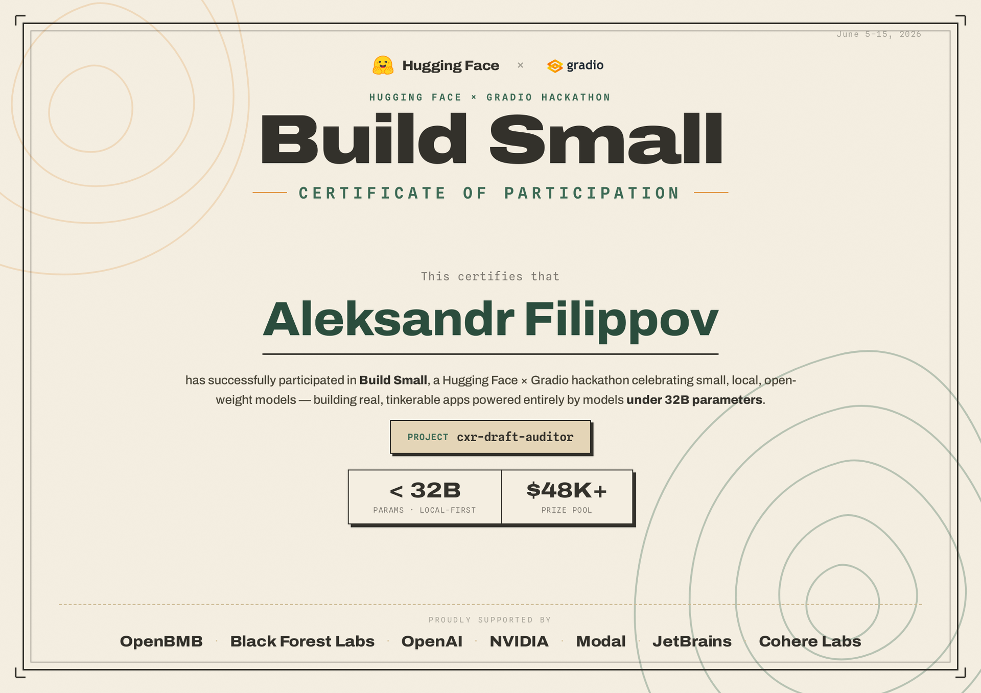 Build Small Hackathon 2026 Certificate of Participation
