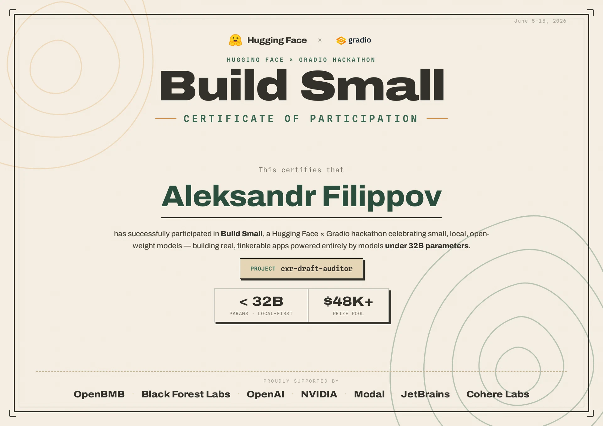 Build Small Hackathon 2026 Certificate of Participation