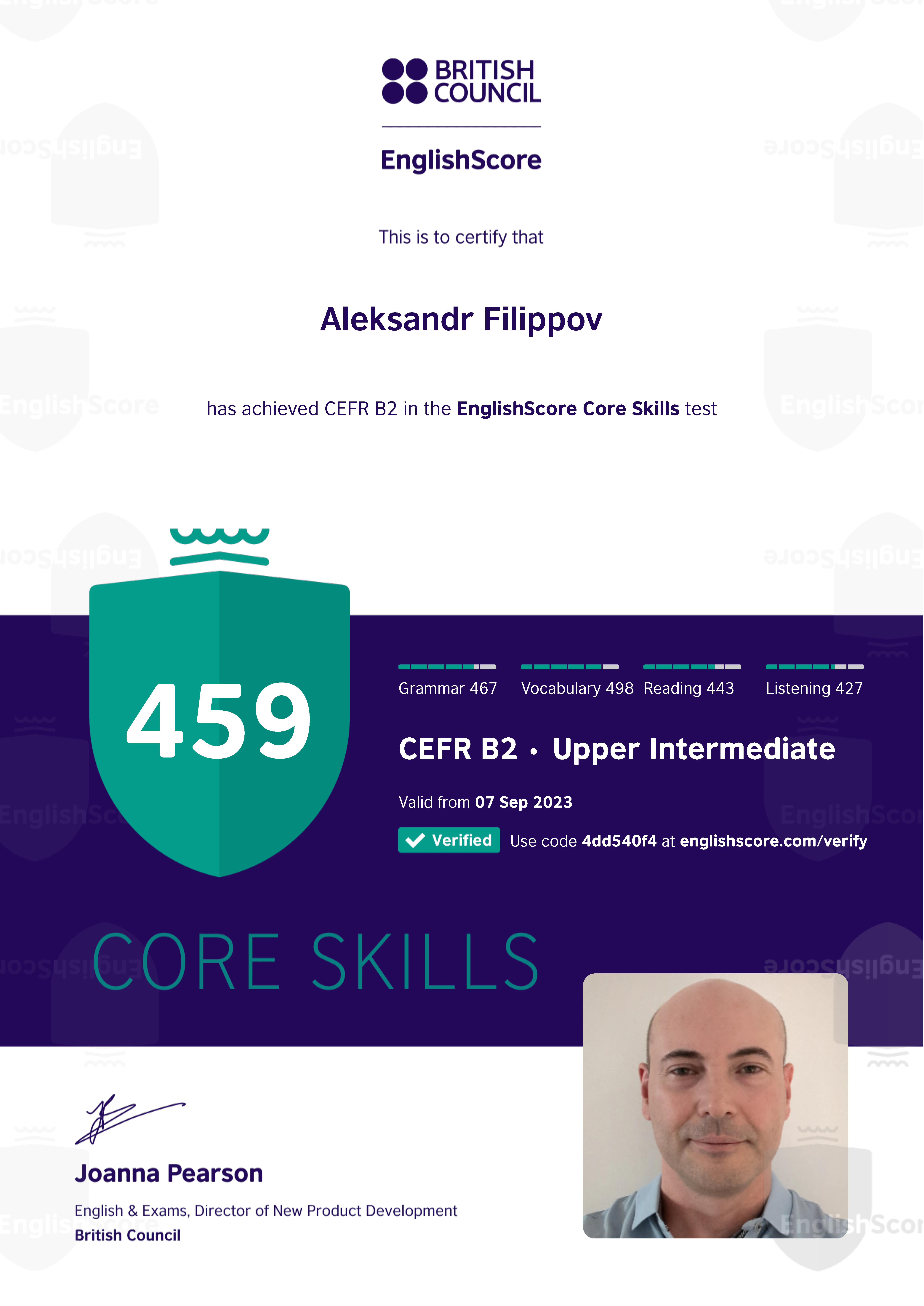 EnglishScore B2 Level Certificate