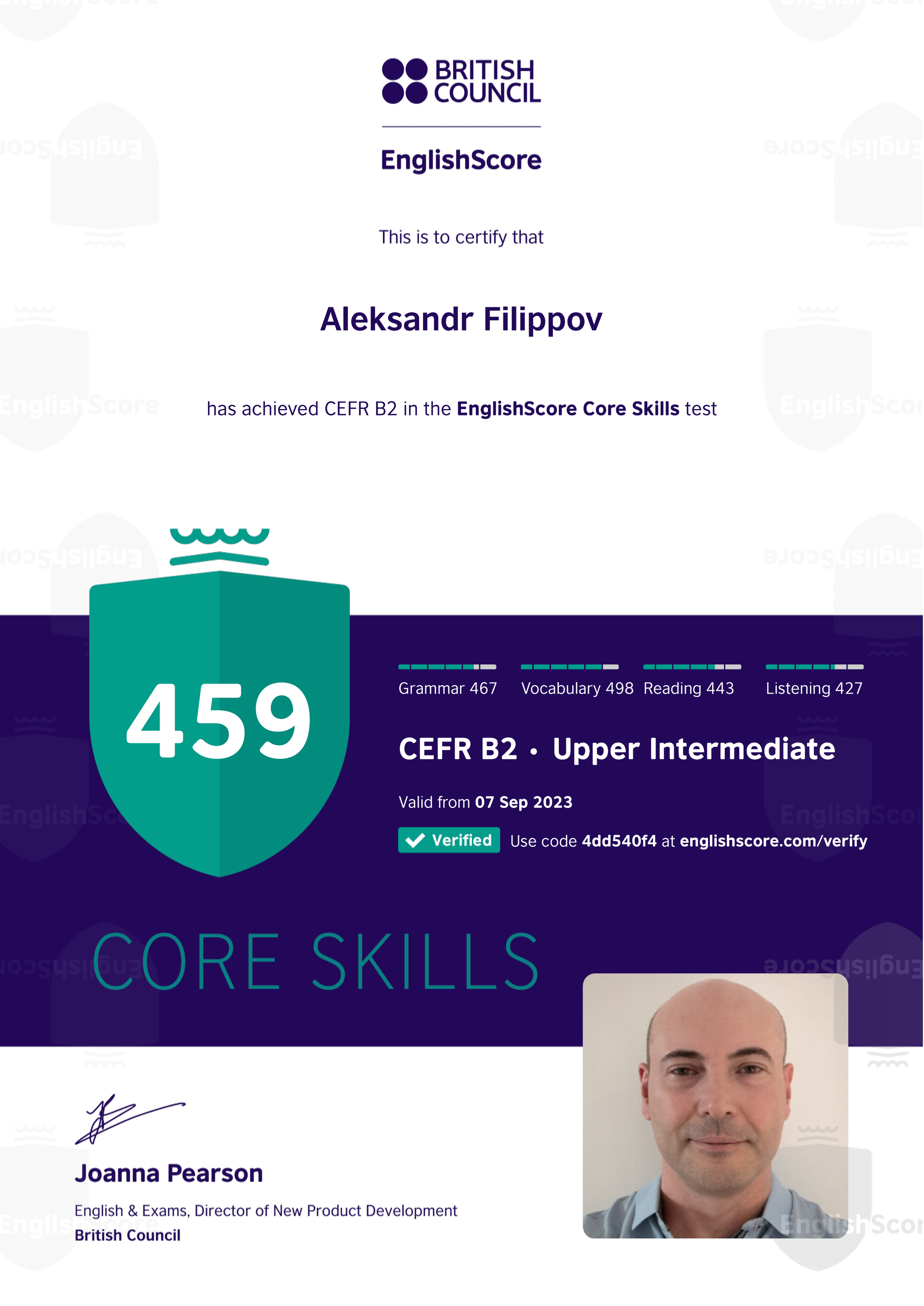 EnglishScore B2 Level Certificate