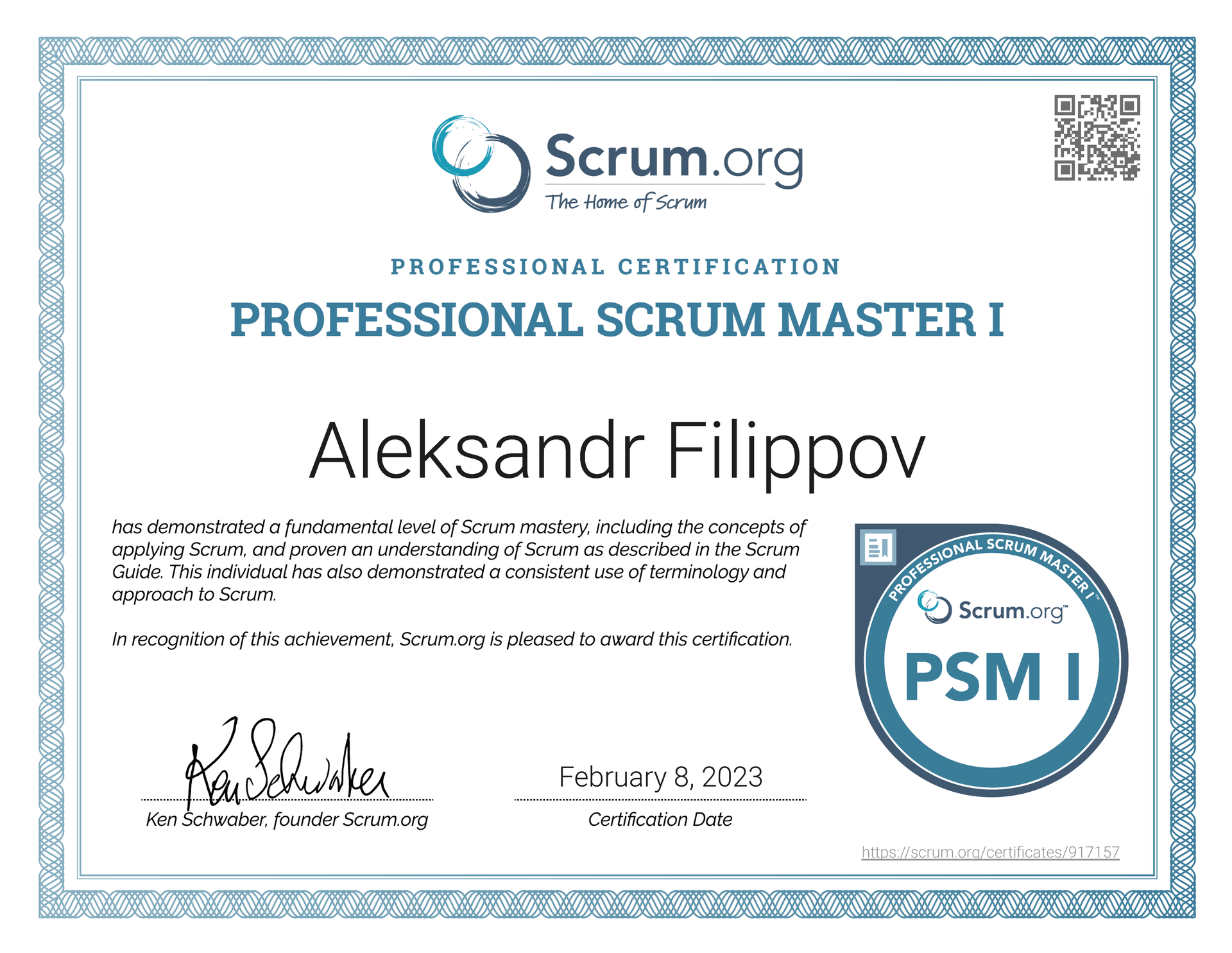 Professional Scrum Master I Certificate