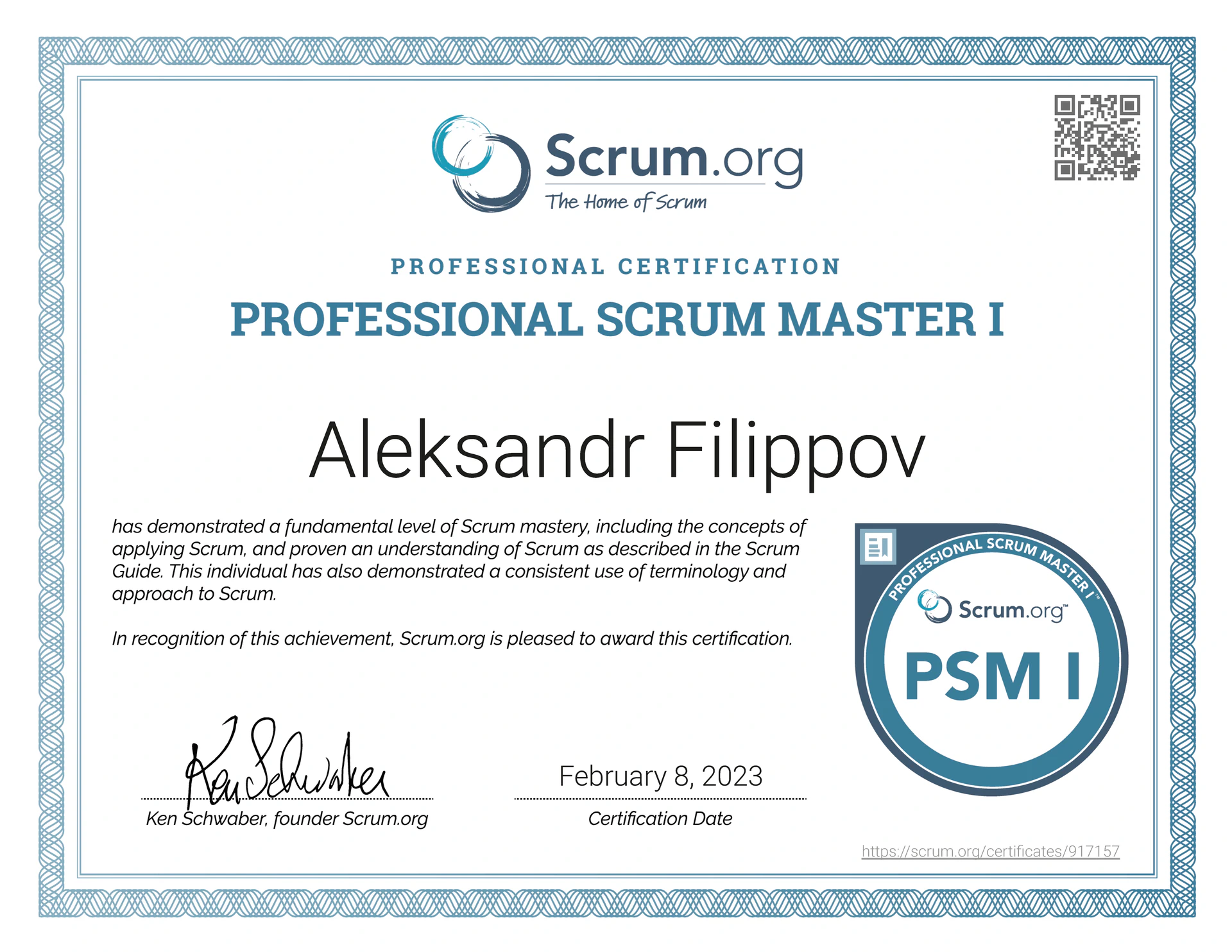 Professional Scrum Master I Certificate